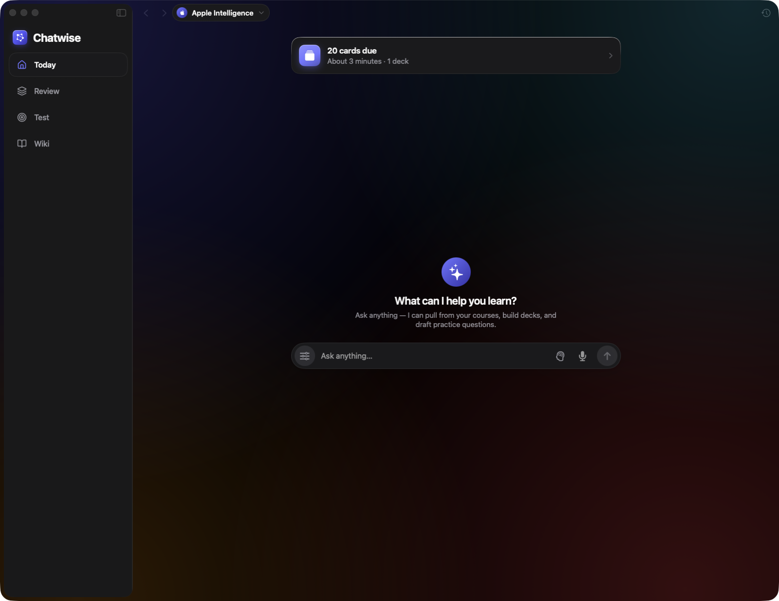 The Chat surface in Chatwise, ready to answer a question