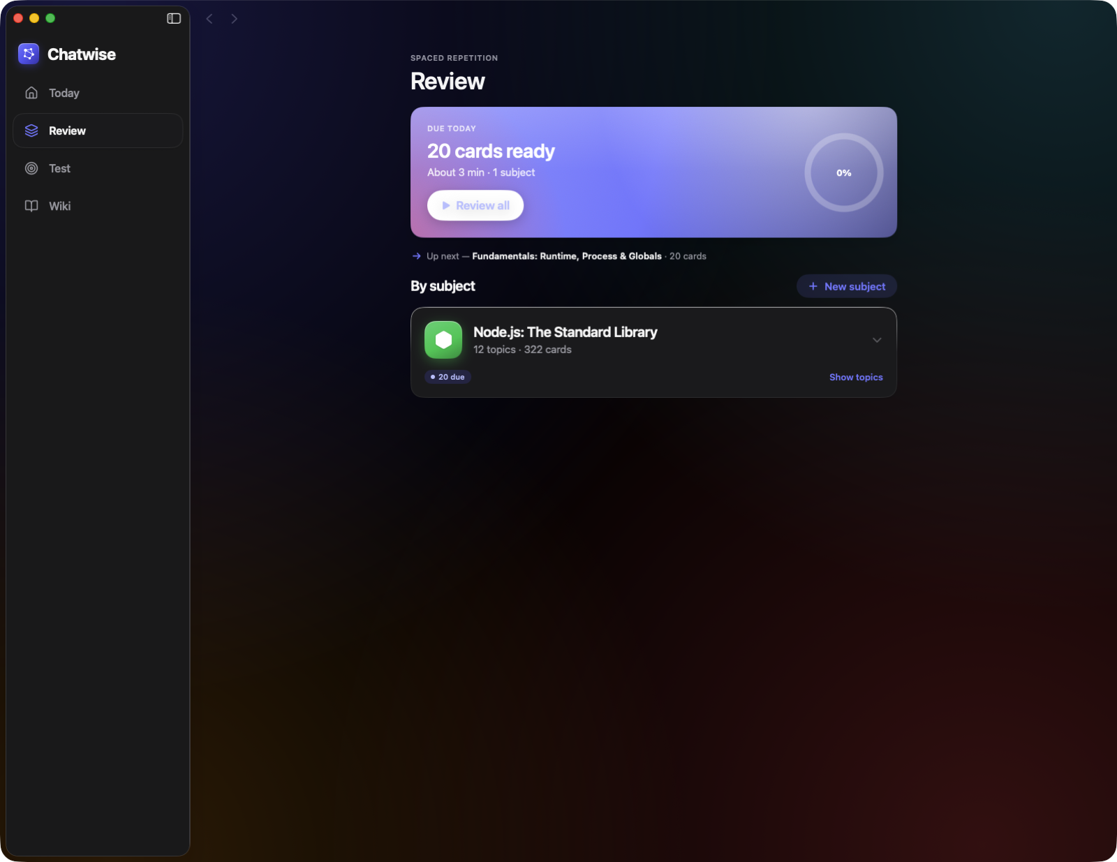 The Review surface in Chatwise, showing flashcard decks with cards due